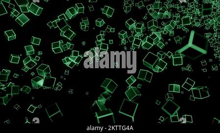 Black background. Design.Small squares of neon green are scattered in different directions in abstraction. High quality 4k footage Stock Photo