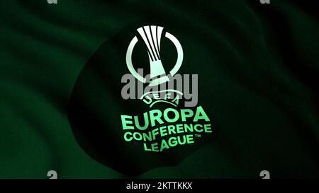 The green canvas of the UEFA conference league. Motion.The green logo in the animation of the Annual competition of football clubs that are part of UE Stock Photo