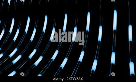 Abstract bended dark tubes with moving long lights on a black background. Design. Technological pattern with light bulbs Stock Photo