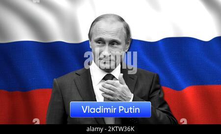 Animation with President of Russia on background of flag. Motion. Intro for political debates. Presidents and countries of world. Stock Photo