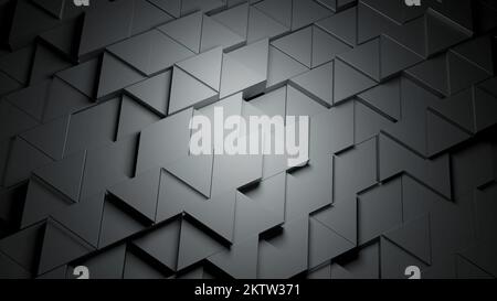 Geometric background of moving triangles. Design. 3D plane of metal geometric triangles in motion. Triangles move and move out of plane. Stock Photo
