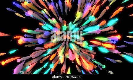 Bright emission of lines on a black background. Motion. Abstract multicolored lines spreading in space on a black background Stock Photo