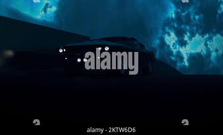 Gray backlight and blue. Design.Dark background with a fashionable foreign car created in animation with moving wheels and asphalt and clouds with lig Stock Photo