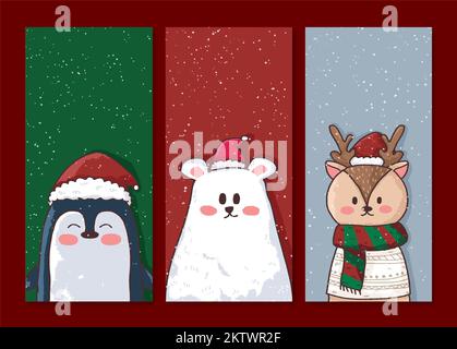 Animals Christmas greeting card bear penguin dear snow fall celebration Stock Photo