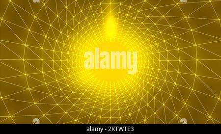 Abstract golden background with white connected dots and lines creating a tunnel effect. Motion. Technological round shaped corridor Stock Photo