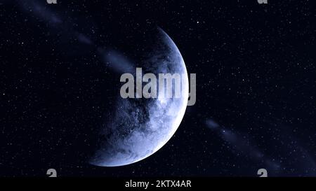Rotating cold planet in space. Motion. 3D planet rotates on background of space and flow of particles. Planet rotates with stream of bright particles Stock Photo