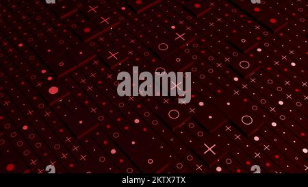 Abstract cubic red background with different 3D shapes. Motion. Geometric abstract buttons with circles, pluses and dots Stock Photo