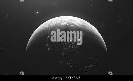 The Earth in outer space black background with glowing stars. Motion. Spinning slowly planet Stock Photo