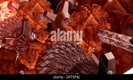 Gears rotating in a mechanical device. Motion. Abstract animated spinning cog wheels, machinery concept Stock Photo