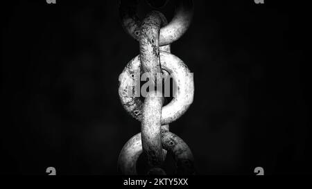 Close up of hanging old rusty chain isolated on a black background. Motion. Rotating old chain links Stock Photo