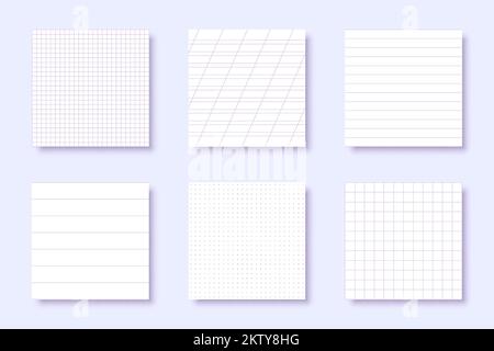 Realistic ruled lined pattern notepad blank flat set. Dots line grid oblique line paper perfect design office school study work layout template note list sheet school writing pad empty memo isolated Stock Vector