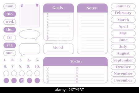 Note card sticker scrapbooking planner flat set. Day of the week 12 months to do list mood goals speech bubble number grid paper sheet round stamp personal memo blank list cute document isolated Stock Vector