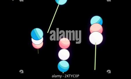 Abstract spherical shaped marshmallows on a skewers falling down isolated on a black background. Design. Delicious marshmallows falling down Stock Photo