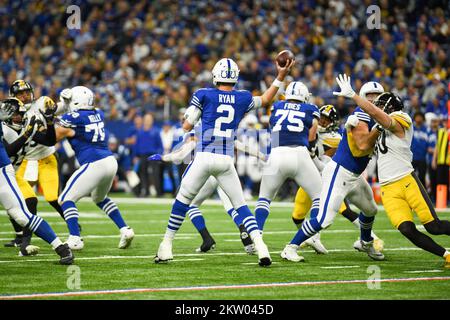 Indianapolis, Indiana, USA. 28th Nov, 2022. November 28th, 2022 Indianapolis Colts quarterback Matt Ryan (2) throwing the ball during Pittsburgh Steelers vs Indianapolis Colts in Indianapolis, IN. Jake Mysliwczyk/BMR (Credit Image: © Jake Mysliwczyk/BMR via ZUMA Press Wire) Stock Photo