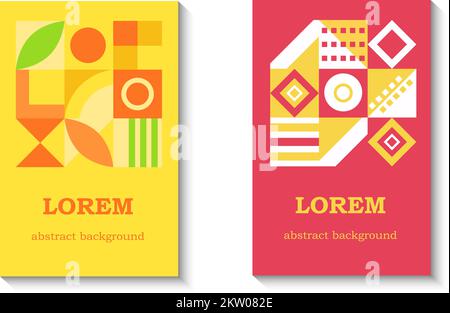 Bright and stylish set of backgrounds with abstract shapes. Minimalistic set in Bauhaus style with circles, triangles and squares and other shapes.  Stock Vector
