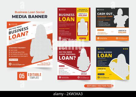 Business loan social media post design collection with yellow and red colors. Modern banking service promotional web banner design bundle for digital Stock Vector