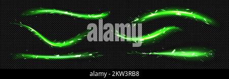 Abstract neon light lines with sparkles isolated on transparent background. Vector realistic set of magic green glow streaks, horizontal energy flare with sparks Stock Vector