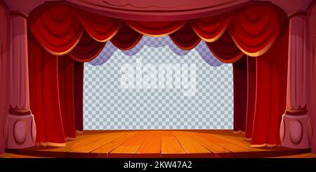 Theater stage, empty retro scene with curtains, wooden floor, columns and transparent background. Vintage theatre interior with pillars and red drapery, vector cartoon illustration Stock Vector