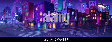 City landscape with houses, car road with street lights and trees in rain at night. Thunderstorm with lightning in old town with buildings and crossroad, vector cartoon illustration Stock Vector