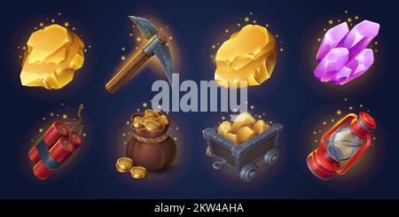 Game mining props icons dynamite, golden coins in sack, pickaxe and pink crystals, trolley with gold ingots and lantern gui design elements. Game assets, mine items Isolated cartoon 3d vector set Stock Vector