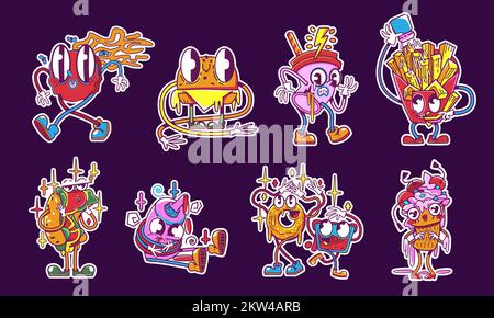 Retro sticker fast food y2k different personages. Funny fastfood cheeseburger, cola, french fries and hot dog, ketchup bottle, donut and ice cream characters isolated set, cartoon vector patches pack Stock Vector