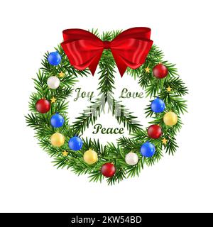 Christmas holiday wreath with colorful ornaments and a bow in the form of a peace symbol. Text: Joy, Love, Peace. Stock Vector