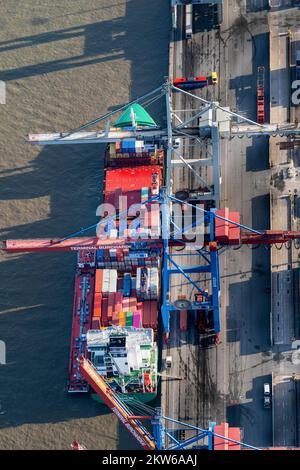 Aerial view of a feeder ship at the Burchardkai terminal, Elbe, container, crane, loading, Hamburg, Germany, Europe Stock Photo