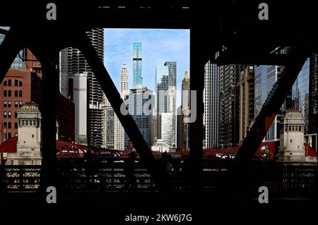 View of Downtown from the Wells Street Bridge, Chicago, Illinois, United States of America Stock Photo