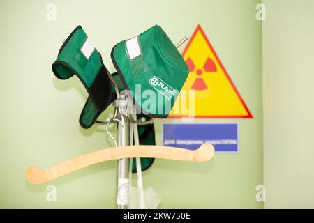 Protective medical hat against radioactive radiation during treatment or diagnosis in a hospital. Stock Photo