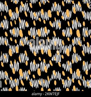 Zigzag Scribble And Dots Pattern In Yellow And White On Black Background Stock Vector