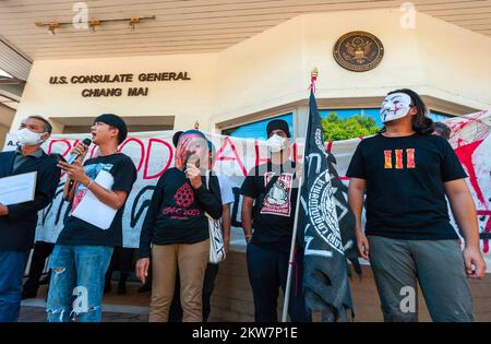 Anti-APEC Demonstrator from 'Citizens Stop APEC 2022 Coalition' chants slogans on a microphone during the demonstration, at U.S. Consulate General Chiang Mai. The 'Citizens Stop Apec 2022 Coalition' demanded that the U.S. government as 1 of 21 APEC Members to take responsibility for the human rights abuses, from the rallies that were violently dispersed on 18 November at the APEC 2022 summit in Bangkok by riot police where 25 people were arrested and at least 31 people were injured, including Mr. Phayu Boonsophon, a protester, was shot by rubber bullets and lost his right eye. (Photo by Pongma Stock Photo