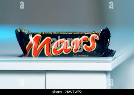 Tyumen, Russia-October 14, 2022: Mars chocolate bar, produced by Mars, Incorporated Selective focus Stock Photo