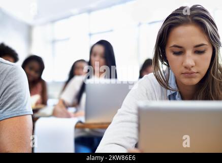 Modern study methods. Students working on their laptops in a classroom. Stock Photo