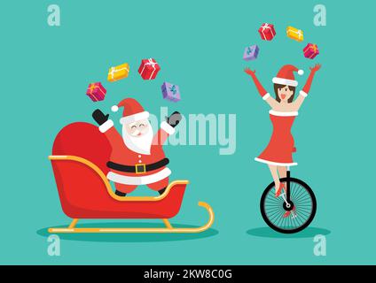 Santa Claus and santa girl juggling gift boxes on a vehicle. Vector illustration Stock Vector