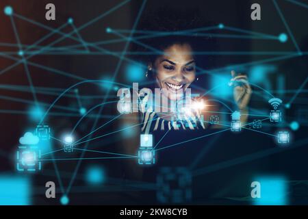 Black woman, cloud computing or hologram futuristic 5g UX tech for networking, analytics or big data strategy. Business network, iot or data analysis Stock Photo