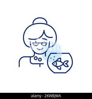 Cute elderly woman and her pet fish in a bowl. Pixel perfect, editable stroke line icon Stock Vector