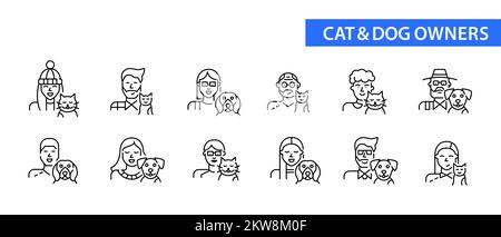 Set of cat and dog owners of different ages icons. Pixel perfect, editable stroke line design Stock Vector
