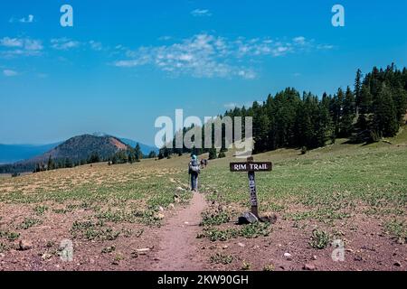 Walking the Rim Trail at Crater Lake National Park, Oregon, USA Stock Photo