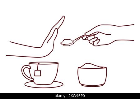 Person say no to sugar in tea or coffee. Man or woman make hand gesture refuse from sweet additives follow healthy lifestyle. Vector illustration.  Stock Vector