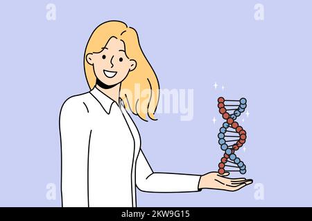Smiling young woman hold DNA model in hands. Happy female scientist or searcher with DNA spiral. Science and genetics concept. Vector illustration.  Stock Vector