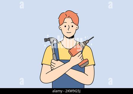 Smiling young male mechanic in uniform holding repairing tools in hands. Happy repairman or engineer with drill and hammer ready for fix. Vector illustration.  Stock Vector