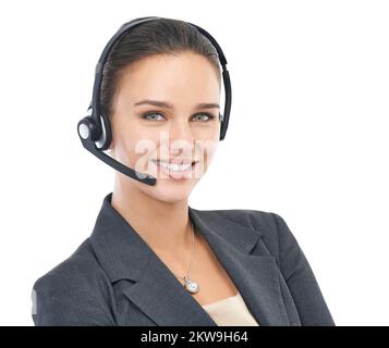 Here to answer any customer question. Studio shot of an attractive customer service representative isolated on white. Stock Photo