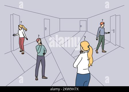 Diverse businesspeople in room open different doors looking for exit. People feel confused searching way out in locked space. Vector illustration.  Stock Vector