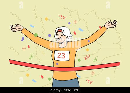 Smiling elderly woman cross finish line at running contest. Happy mature female athlete win race finishing first. Hobby and sport. Vector illustration.  Stock Vector