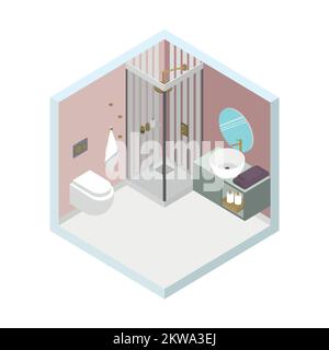 Isometric modern bathroom interior design with shower cabine, sink, toilet, towels and accessories. Vector illustration Stock Vector