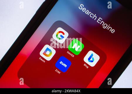 Vancouver, CANADA - Nov 7 2022 : South Korea’s popular internet search engine and web portal icons (Google, Naver, Bing, Daum and Zum) on an iPhone. Stock Photo