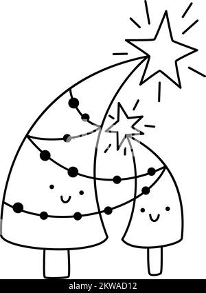Two cute happy lover Christmas line trees couple. Line hand drawn Merry xmas and Happy New Year colour isolated illustration for the celebration of Stock Vector