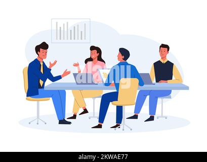 Business people sitting around table. Team group of men and women talking with leader. Teamwork, negotiation concept. Vector illustration in flat styl Stock Vector