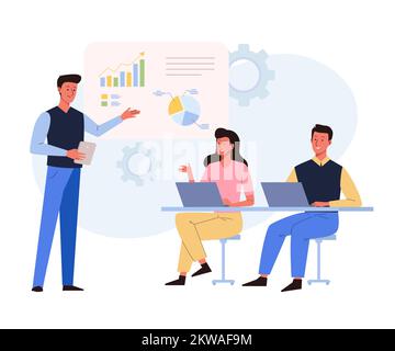 Businessman making presentation and explaining charts on the board. Business seminar, strategic planning, team brainstorm. Vector illustration in flat Stock Vector