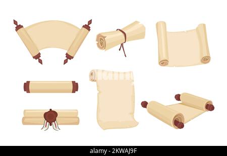 Cartoon old paper scroll and parchment vector set. Open and convolute antique manuscript on wood rods. Vintage papyrus or old map isolated on white ba Stock Vector